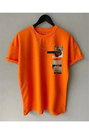 New Moment T-Shirt - Turuncu Baskılı Oversize Bisiklet Yaka Kısa Kol