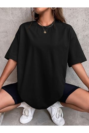 Düz Basic T-Shirt - Siyah Oversize Bisiklet Yaka Kısa Kol