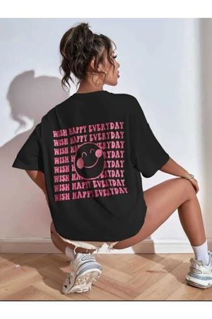Wish Happy Süprem T-Shirt - Siyah Baskılı Oversize Bisiklet Yaka Kısa Kol Tişört