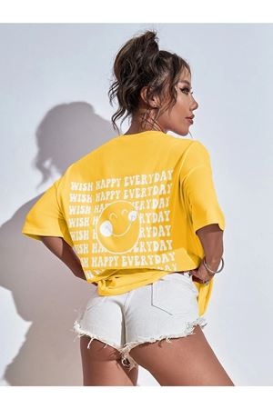 Wish Happy Süprem T-Shirt - Sarı Baskılı Oversize Bisiklet Yaka Kısa Kol Tişört