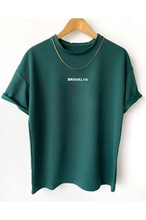 Brooklyn Minimal Yazı T-Shirt - Yeşil Baskılı Oversize Bisiklet Yaka Kısa Kol