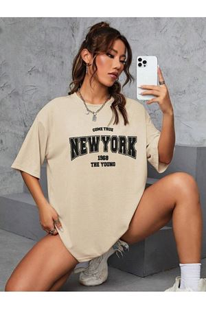 Newyork 1968 Young Süprem T-Shirt - Bej Baskılı Oversize Bisiklet Yaka Kısa Kol Tişört