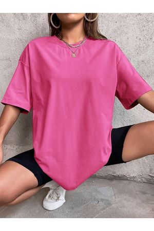 Düz Basic T-Shirt - Pembe Oversize Bisiklet Yaka Kısa Kol
