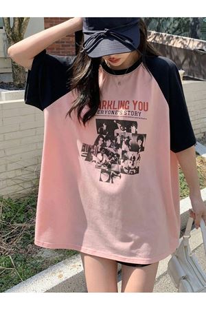 Sparklıng You T-shirt - Pembe Siyah Baskılı Oversize Bisiklet Yaka Reglan Kol Tişört