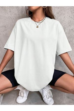 Düz Basic T-Shirt - Beyaz Oversize Bisiklet Yaka Kısa Kol