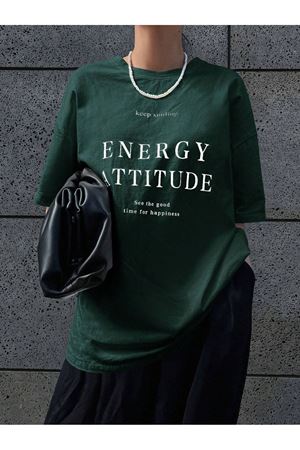 Energy Attitudy Süprem T-Shirt - Nefti Yeşil Baskılı Oversize Bisiklet Yaka Kısa Kol Tişört