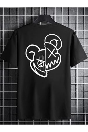 Çİft Yüz Desen Süprem T-Shirt - Siyah Baskılı Oversize Bisiklet Yaka Kısa Kol Tişört