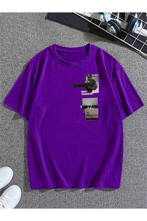 New Moment T-Shirt - Mor Baskılı Oversize Bisiklet Yaka Kısa Kol
