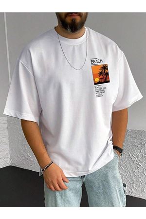 Beach Logo T-Shirt - Beyaz Baskılı Oversize Bisiklet Yaka Kısa Kol