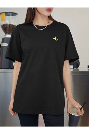 Siyah Oversize Uçak Logolu T-shirt - Oversize Baskılı