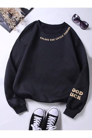 SİYAH OVERSİZE KALIP BASKILI SWEATSHİRT