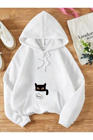 BEYAZ KAPŞONLU OVERSİZE KALIP cat baskılı SWEATSHİRT