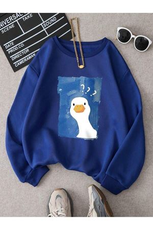 OVERSIZE KALIP SAX MAVİSİ DUCK BASKILI SWEATSHİRT