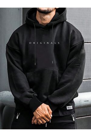 Originals Yazı Sweatshirt - Siyah Oversize Baskılı Kapüşonlu