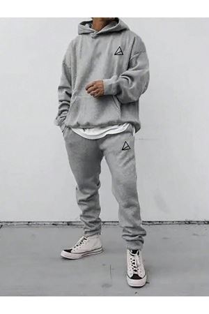 Üçgen Logo Eşofman Takımı Sweatshirt Jogger - Gri Baskılı Oversize Şardonlu Kapüşonlu