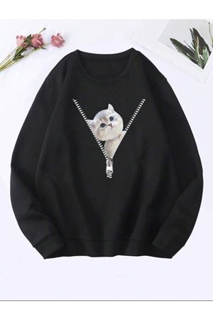 KADIN Siyah CUTE CAT Baskılı Oversize Sweatshirt