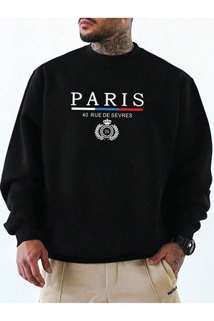 Paris Rue De Sevres Sweatshirt - Siyah Oversize Baskılı Bisiklet Yaka