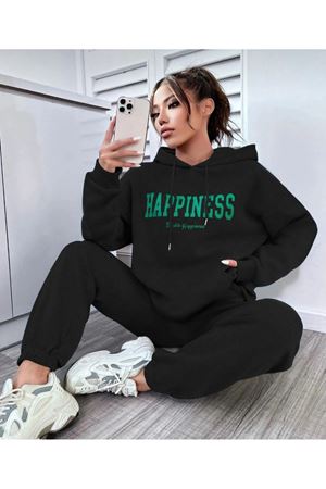 Siyah Happiness Kapüşonlu Kombin Alt Üst Eşofman Takımı