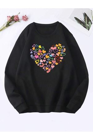 KADIN Oversize Siyah RENKLİ KALP Baskılı Bisiklet Yaka Sweatshirt
