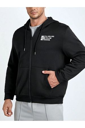 Follow Freedom Fermuarlı Hırka- Siyah Oversize Baskılı Kapüşonlu