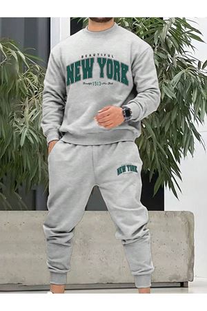 Beatiful New York Eşofman Takımı Sweatshirt Jogger - Gri Baskılı Oversize Şardonlu Bisiklet Yaka