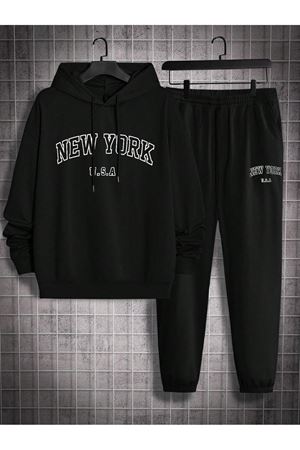 New York U.S.A Eşofman Takımı Sweatshirt Jogger - Siyah Baskılı Oversize Şardonlu Kapüşonlu