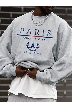 Paris Romantic Sweatshirt - Gri Oversize Baskılı Bisiklet Yaka