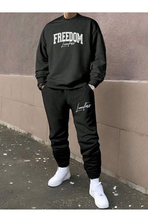 Freedom Eşofman Takımı Sweatshirt Jogger - Siyah Baskılı Oversize Şardonlu Bisiklet Yaka