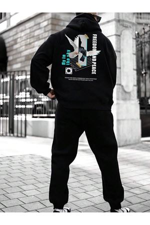 Freedom Peace Eşofman Takımı Sweatshirt Jogger - Siyah Baskılı Oversize Şardonlu Kapüşonlu