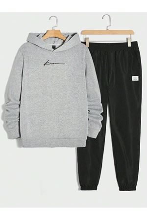 Know Yazılı Eşofman Takımı Sweatshirt Jogger - Gri Üst Siyah Alt Baskılı Oversize Şardonlu Kapüşonl