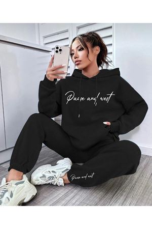 Kadın Oversize Kapüşonlu Eşofman Takımı Siyah Pause Baskılı Rahat Kalıp
