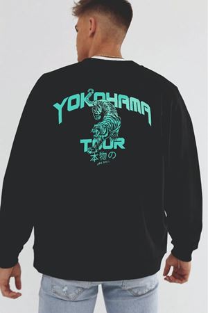 SİYAH BİSİKLET YAKA OVERSİZE SWEATSHİRT YOKAHAMA