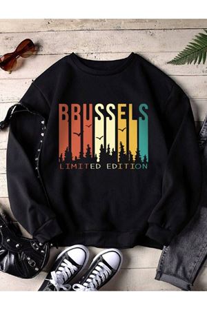 KADIN Siyah Oversize BRUSSELS Baskılı Sweatshirt