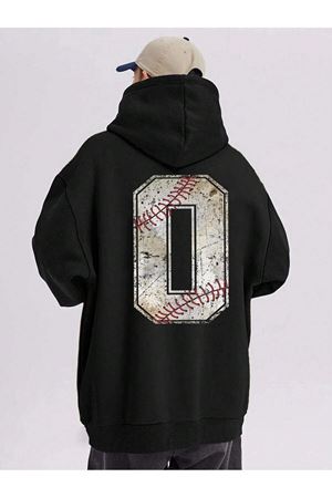 0 Baseball Sweatshirt - Siyah Oversize Baskılı Kapüşonlu