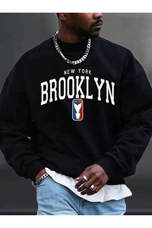 Brooklyn Ablem Sweatshirt - Siyah Oversize Baskılı Bisiklet Yaka