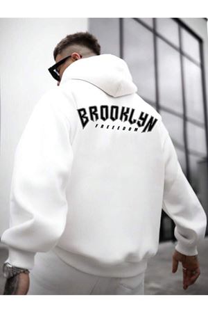 Unisex Oversize Beyaz Brooklyn Freedom Baskılı Sweatshirt Kapüşonlu Hoodie