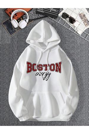 Unisex Oversize Beyaz Boston Energy Baskılı Sweatshirt Kapüşonlu Hoodie