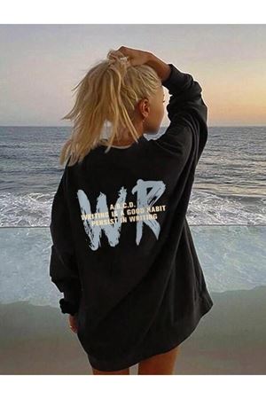 SİYAH OVERSİZE BİSİKLETYAKA WR BASKILI SWEATSHİRT