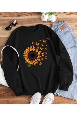 KADIN Oversize Siyah ÇİÇEK & BUTTERFLY Baskılı Bisiklet Yaka Sweatshirt