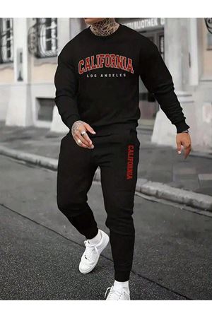 California Los Eşofman Takımı Sweatshirt Jogger - Siyah Baskılı Oversize Şardonlu Bisiklet Yaka