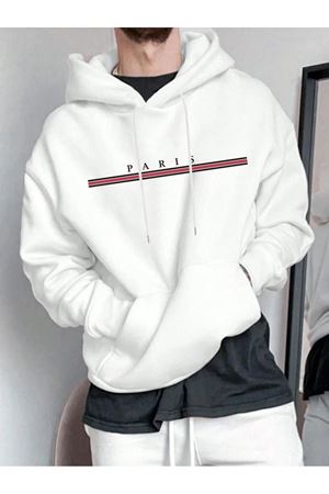 Paris Yatay Sweatshirt - Beyaz Oversize Baskılı Kapüşonlu