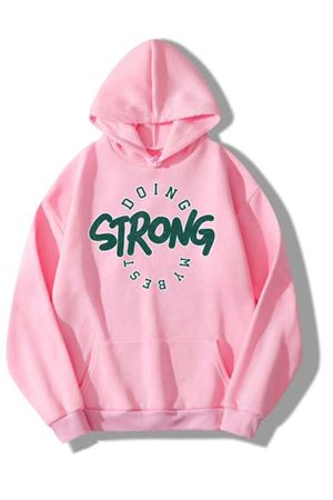 Kadın Pembe STRONG Baskılı Kapüşonlu Oversize Sweatshirt