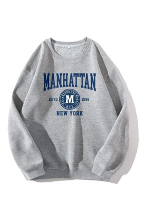 Manhattan Baskılı Sweatshirt - Gri Bisiklet Yaka Oversize Tasarım Trend