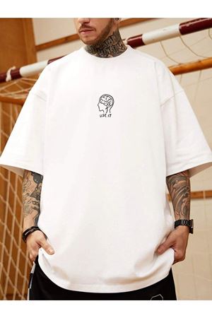 Unisex Beyaz Oversize Use It Brain Baskılı Örme T-shirt