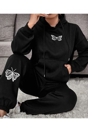 Siyah Kelebek Baskılı Oversize kapüşonlu alt üst eşofman takımı Lastik Paça