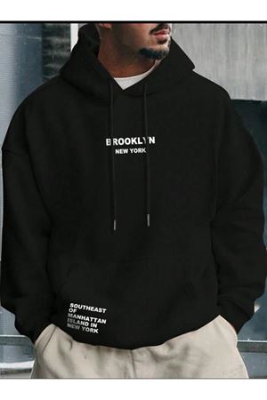 Kapüşonlu Oversize Sweatshirt Siyah BROOKLYN NEWYORK