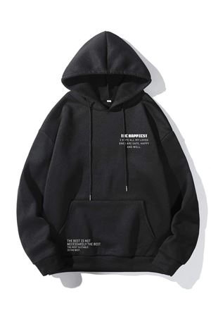 Oversize Siyah Unisex The Happiest Baskılı Pamuklu Sweatshirt Hoodie