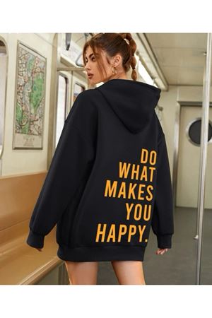Kapüşonlu Oversize Sweatshirt Siyah Do What Makes You Happy