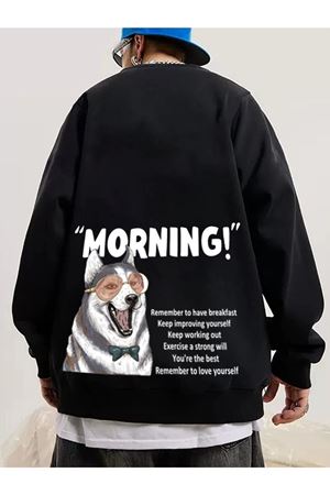 Siyah Unisex Oversize Morning Baskılı Sweatshirt Bisiklet Yaka