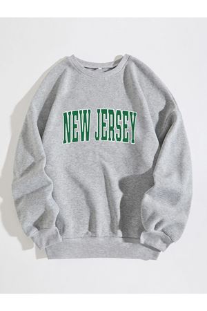Unisex Gri Oversize New Jersey Baskılı Bisiklet Yaka Sweatshirt